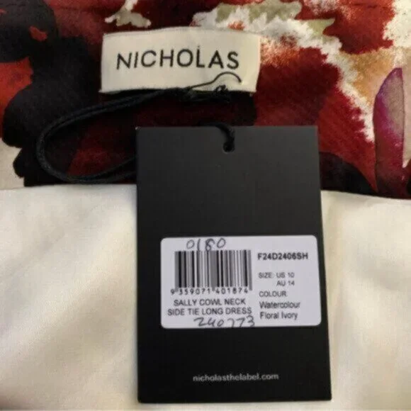 NWT NICHOLAS Sally Watercolor Floral Ivory Cowl Neck Side Slit Maxi Dress - Picture 16 of 17